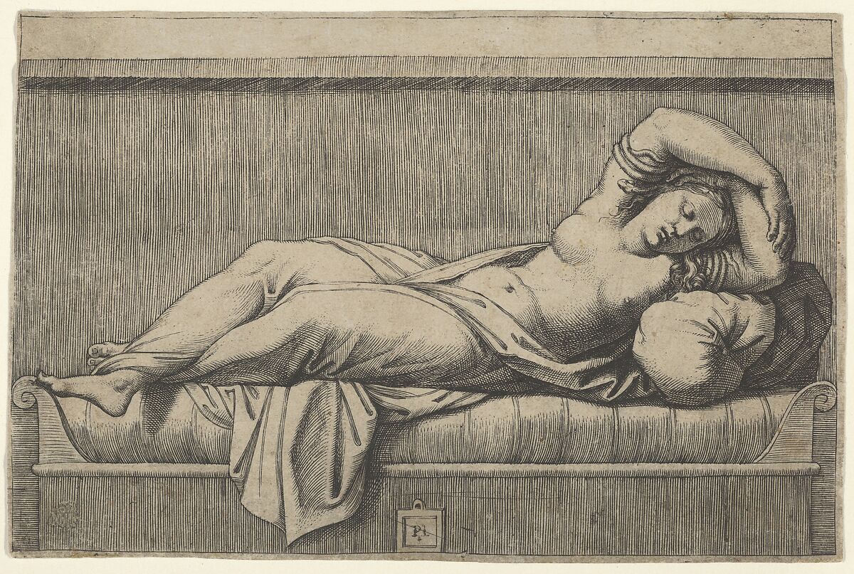 Cleopatra lying partly naked on a bed, Marcantonio Raimondi (Italian, Argini (?) ca. 1480–before 1534 Bologna (?)), Engraving 