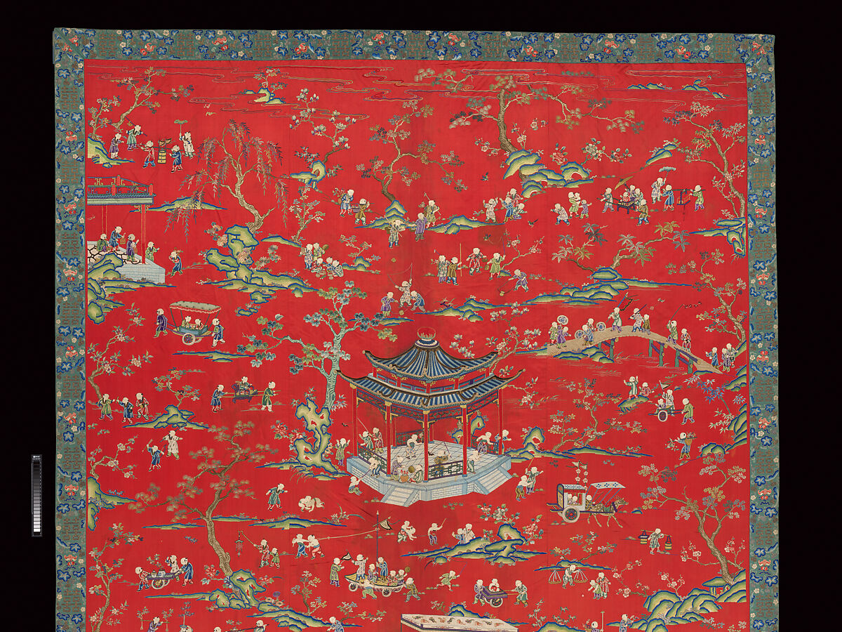 Hanging with children at play, Silk and metal thread embroidery on silk satin, China