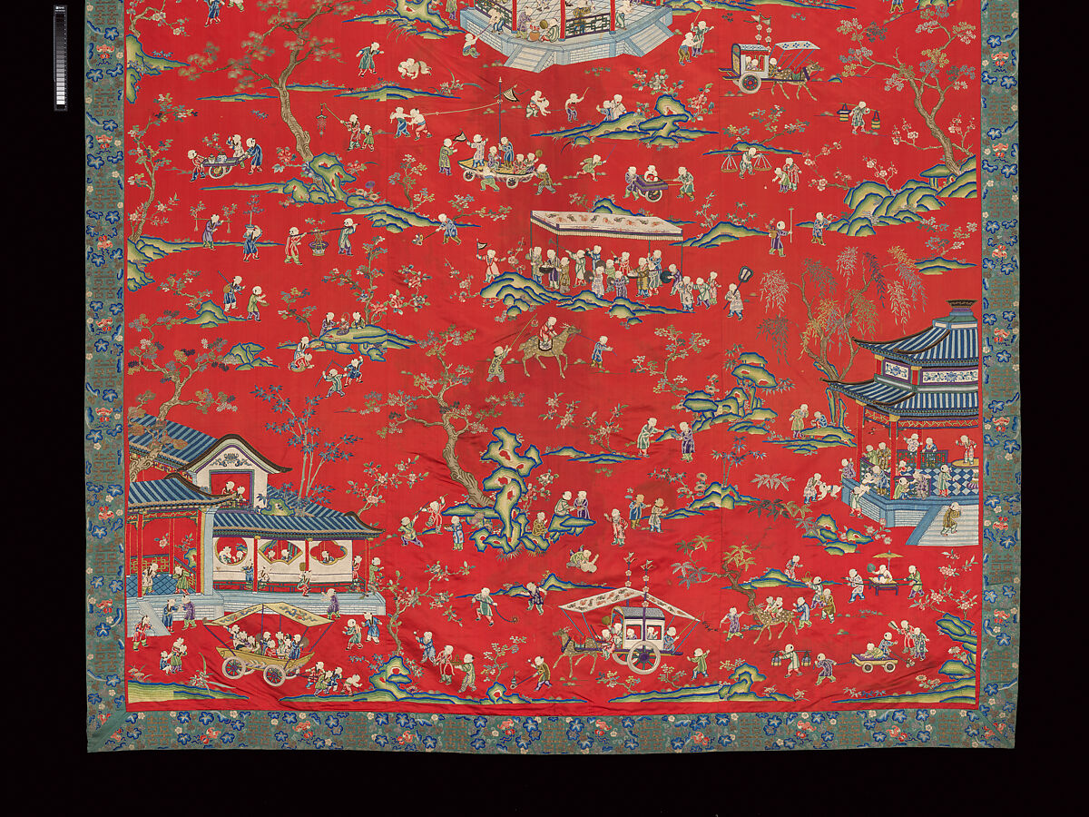 Hanging with children at play, Silk and metal thread embroidery on silk satin, China