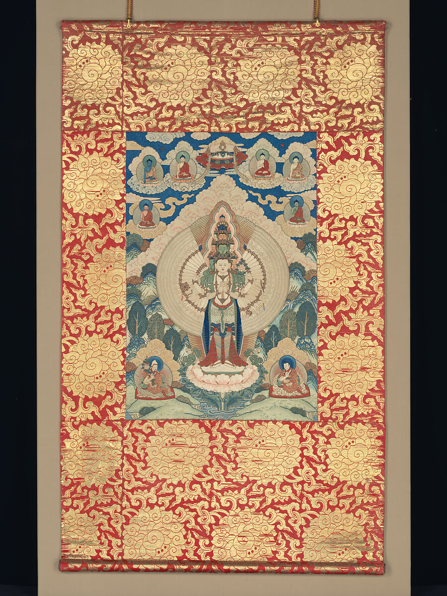 Eleven-headed bodhisattva Guanyin, Silk and metal thread embroidery on silk twill, China