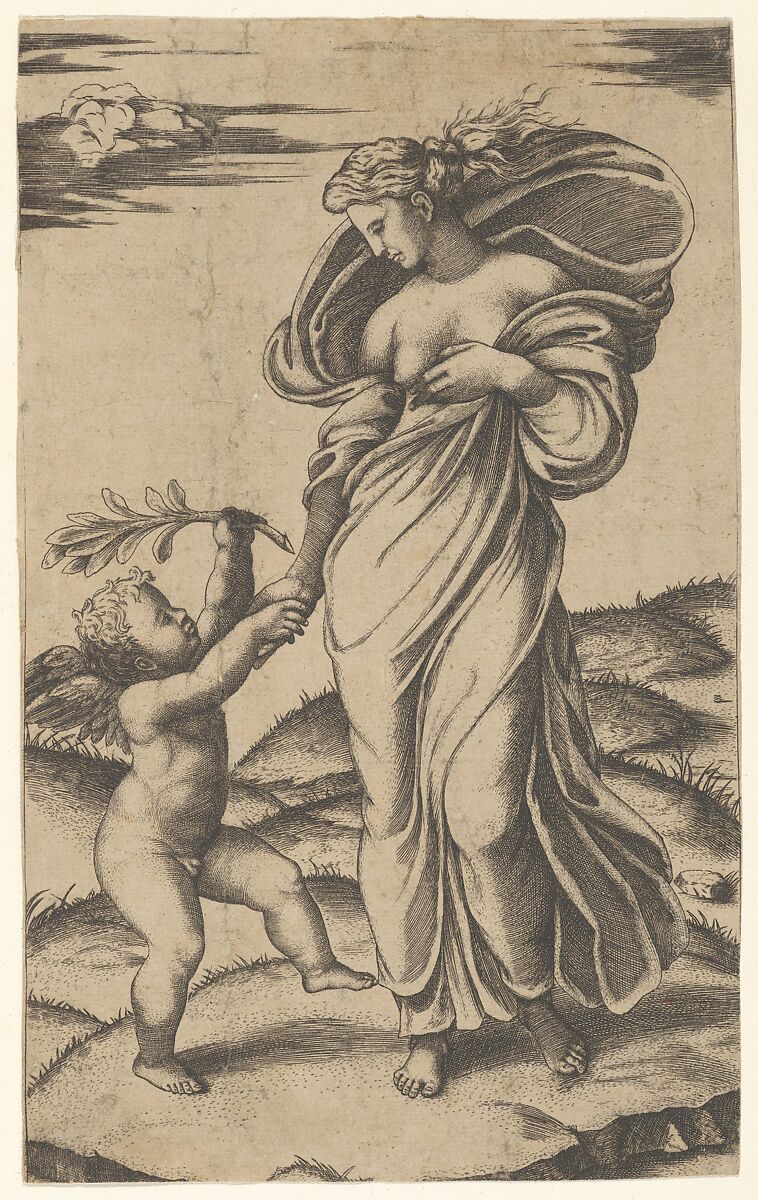 An allegory of Peace; Peace personified as a woman standing in a landscape holding the left hand of a winged genius, Marcantonio Raimondi (Italian, Argini (?) ca. 1480–before 1534 Bologna (?)), Engraving 