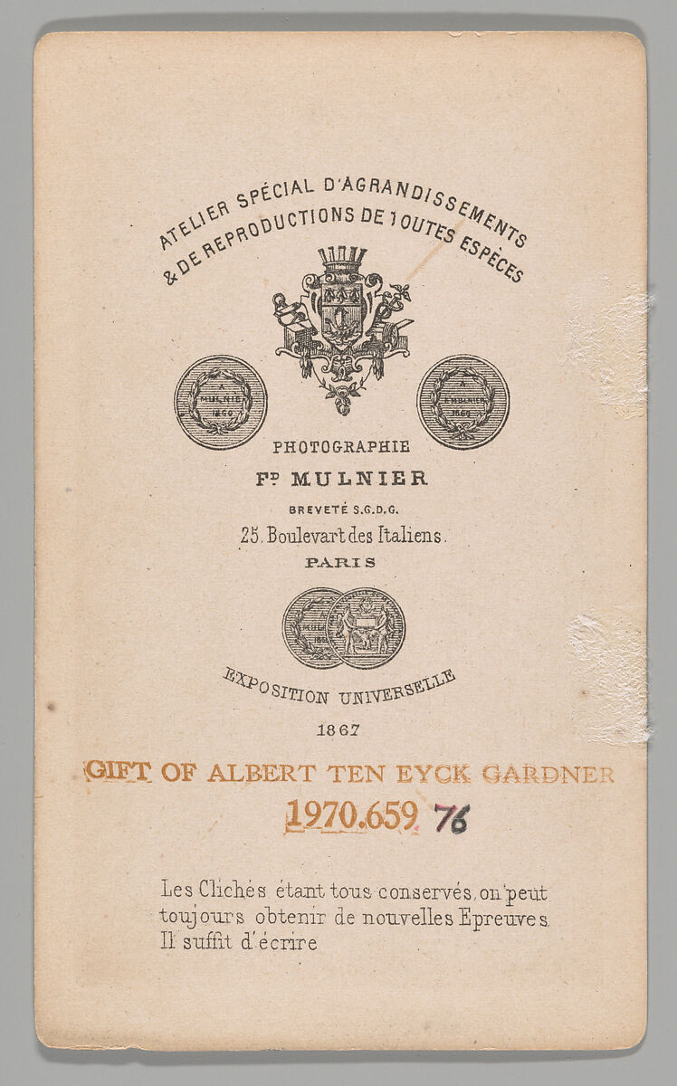 [William-Adolphe Bouguereau], Ferdinand Mulnier (French, active 1850s–70s), Albumen silver print