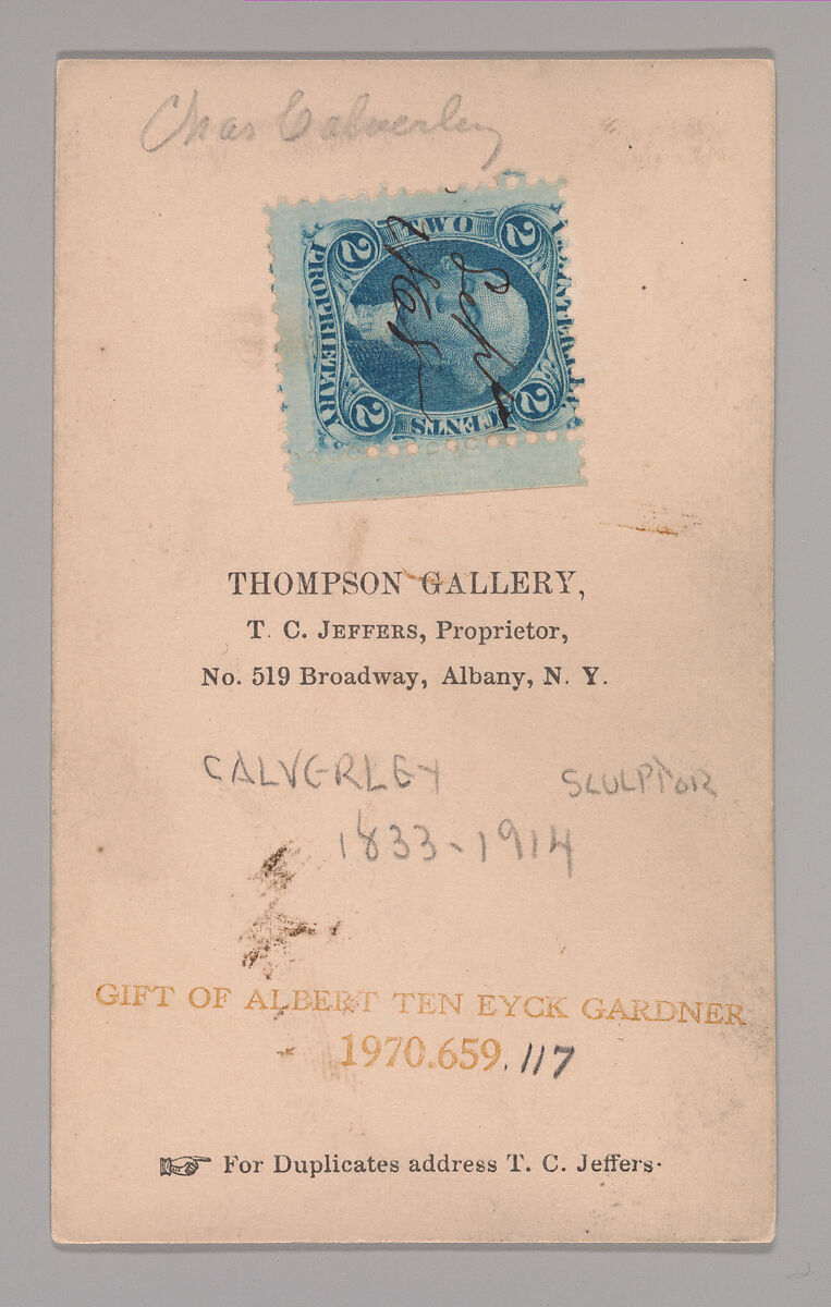 [Charles Calverley], Thompson Gallery (American, active 1860s), Albumen silver print