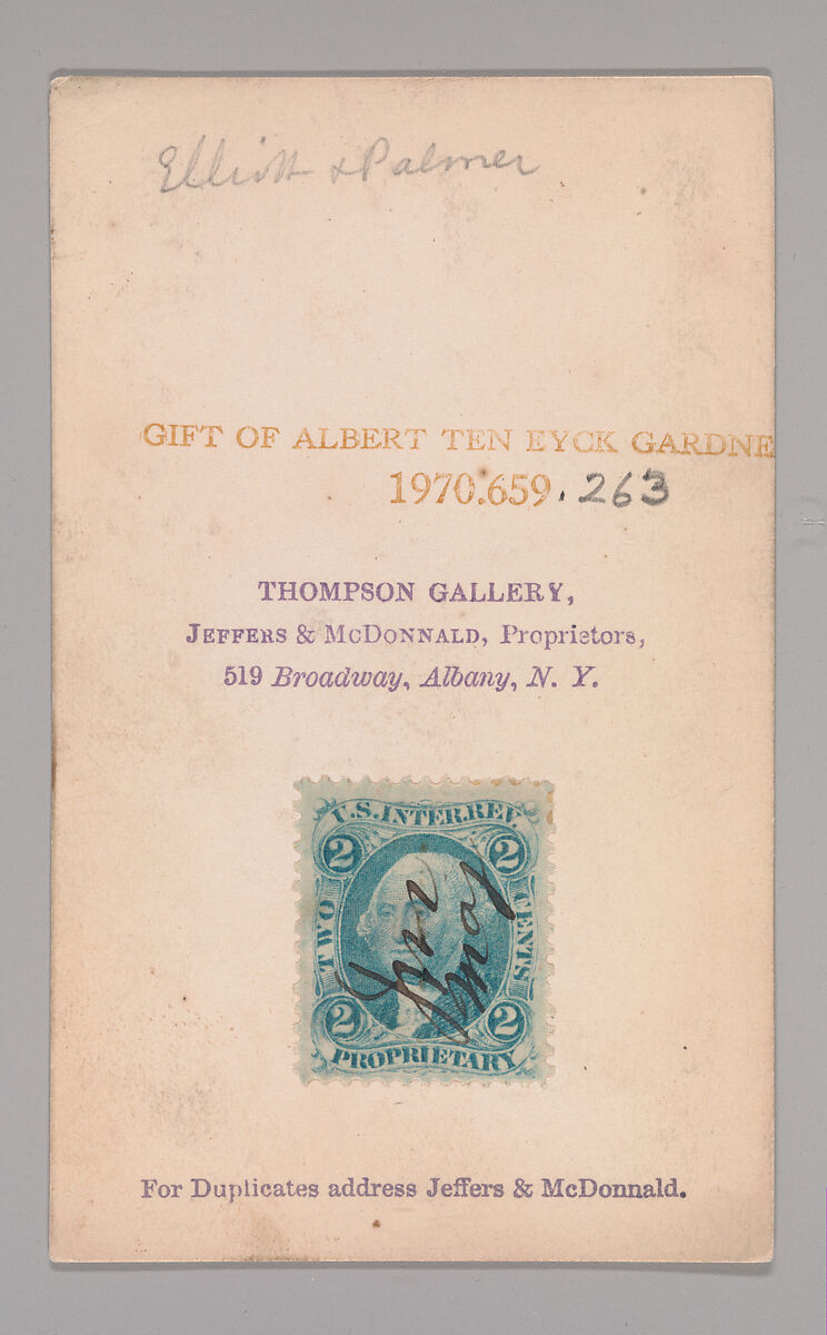 [Elliott and Palmer ?], Thompson Gallery (American, active 1860s), Albumen silver print