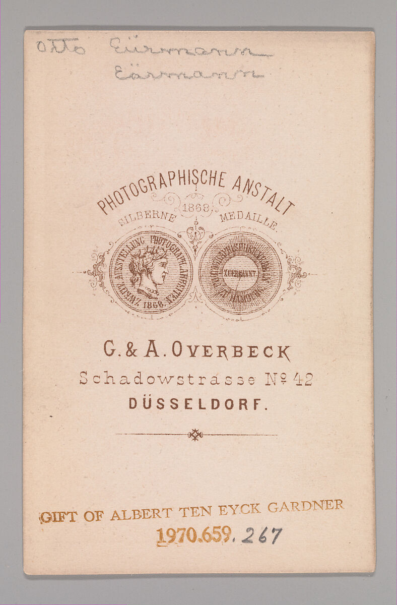 [Otto Wilhelm Eduard Erdmann], G. &amp; A. Overbeck (German, active 1860s), Albumen silver print