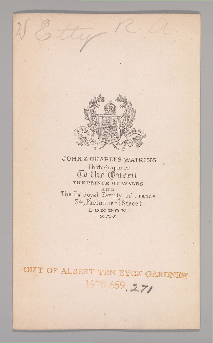 [William Etty], John and Charles Watkins (British, active 1867–71), Albumen silver print