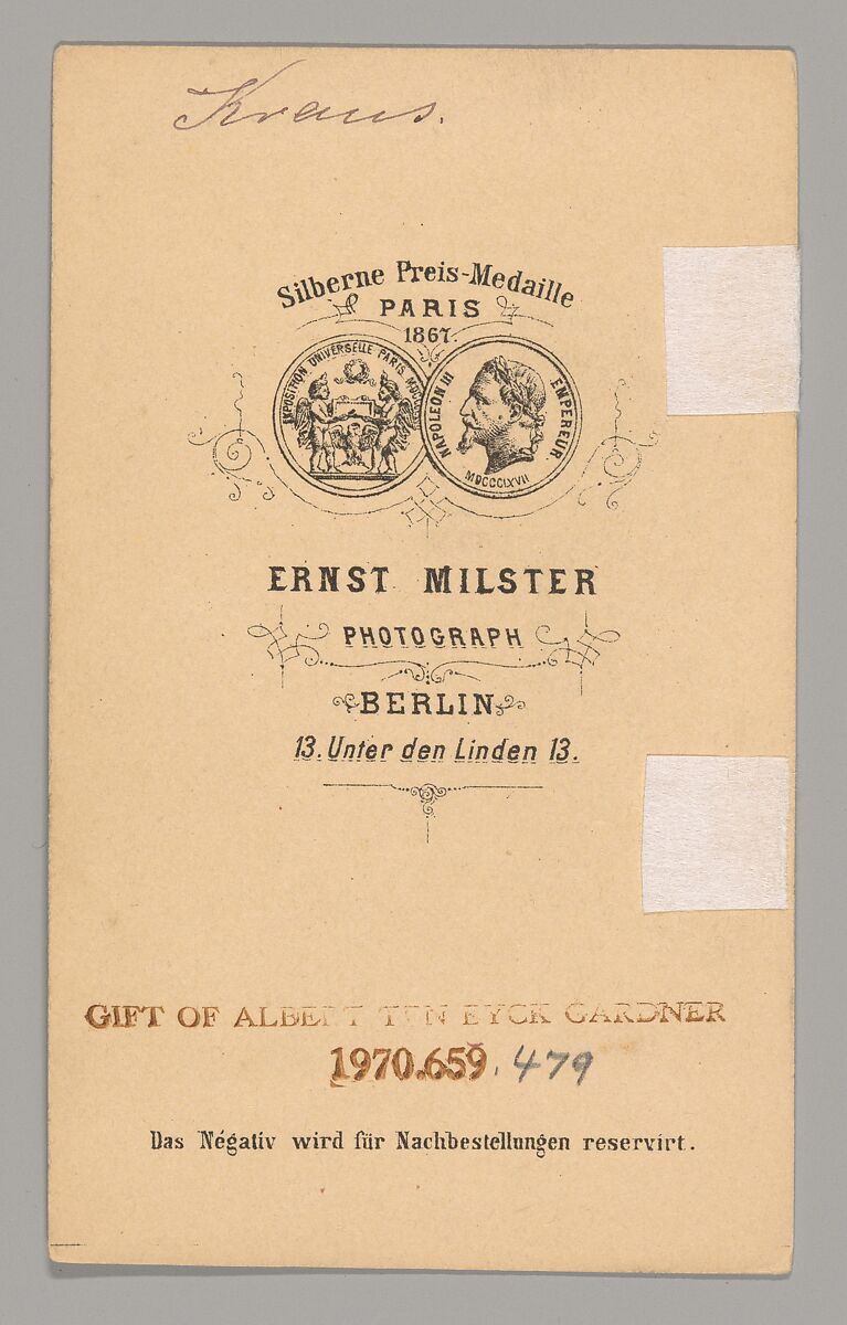 [Kraus], Ernst Milster (German, born 1835), Albumen silver print