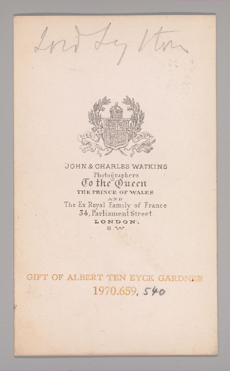 [Unknown Subject], John and Charles Watkins (British, active 1867–71), Albumen silver print