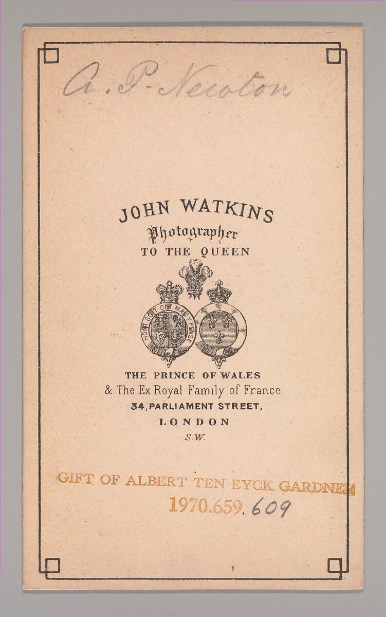 [Alfred Pizzey Newton], John and Charles Watkins (British, active 1867–71), Albumen silver print