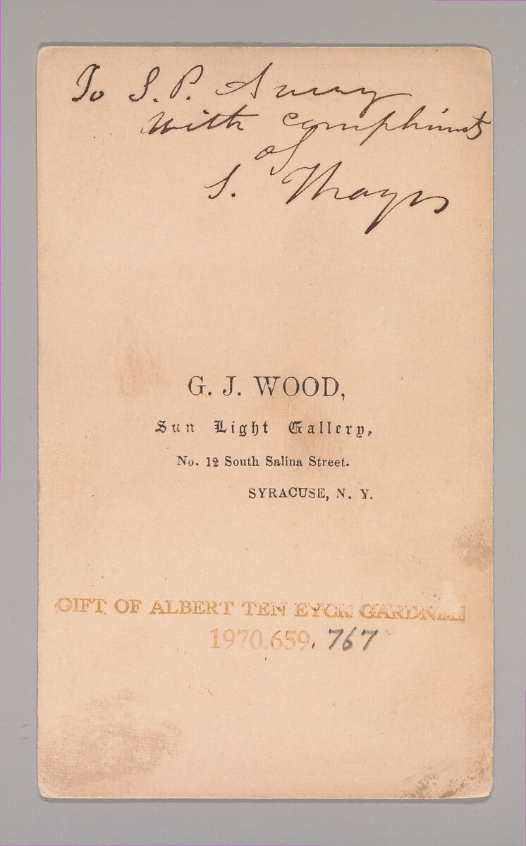 [Sanford Thayer], G. J. Wood (American?, active 1860s), Albumen silver print