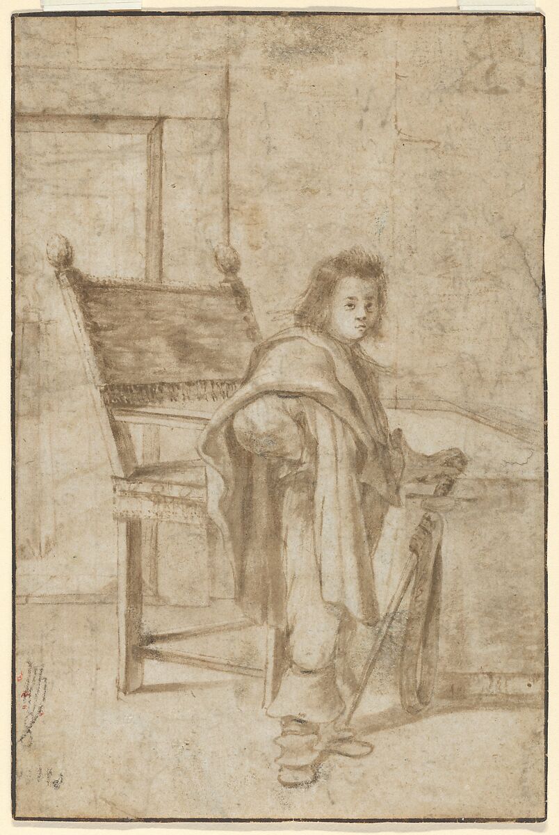 Boy Holding a Sword, Standing near a Table in an Interior; verso: Various Sketches of Figures and Ornamental Forms, Anonymous, Dutch, 17th century, Pen and brown ink, brush and brown ink, black chalk; framing line in pen and brown ink, by a later hand; verso: pen and brown ink, black chalk. 