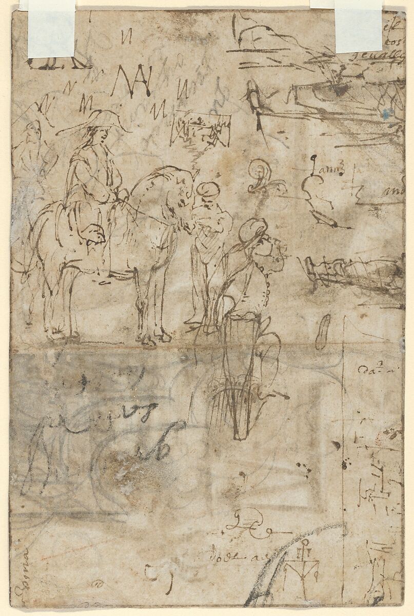 Boy Holding a Sword, Standing near a Table in an Interior (recto); Various Sketches of Figures and Ornamental Forms (verso), Anonymous, Dutch, 17th century, Pen and brown ink, brush and brown wash, over black chalk (recto); pen and brown ink, black chalk (verso); framing lines in pen and brown ink, by a later hand