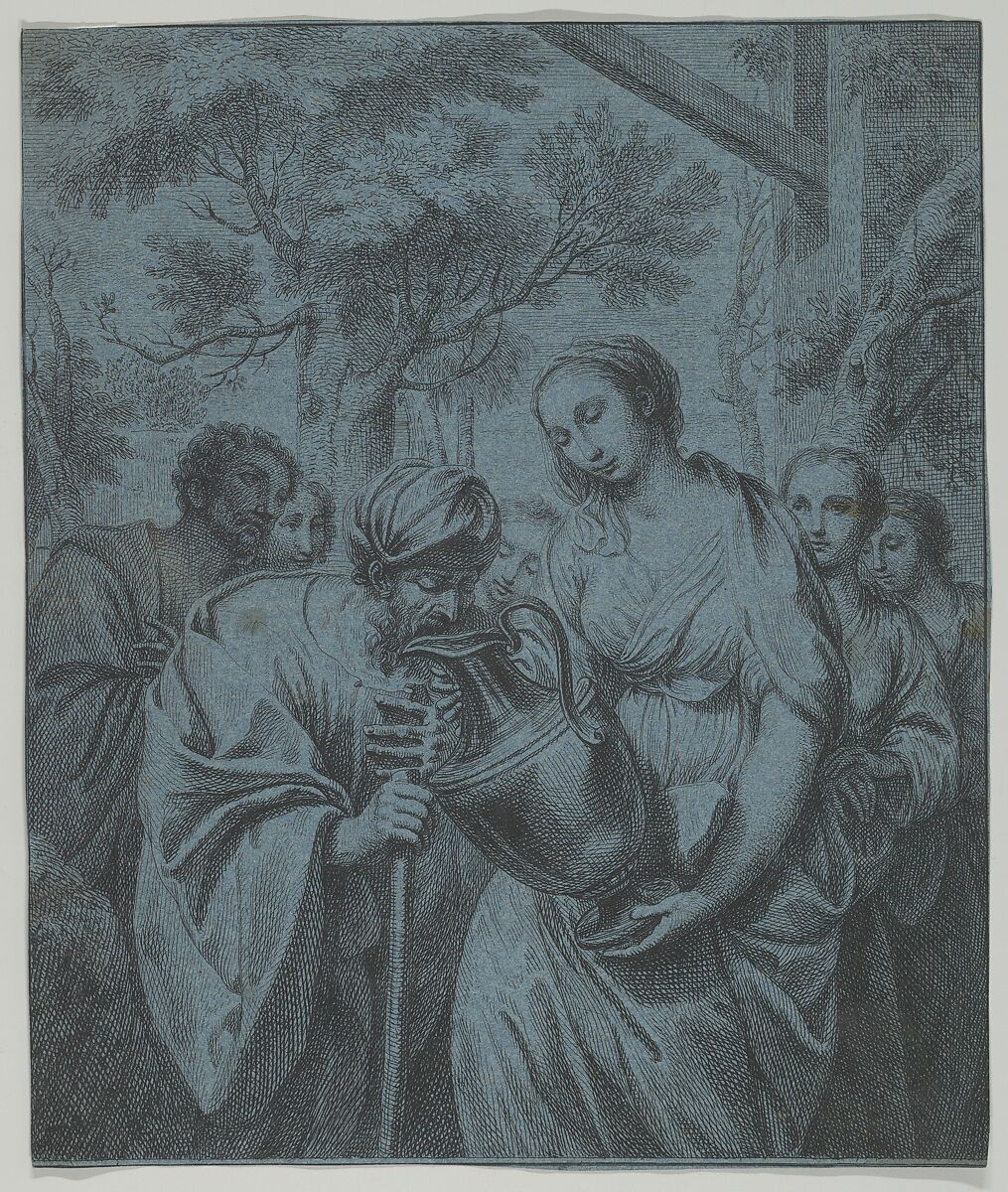 Rebecca and Eliezer, Louis Fabritius Dubourg (Dutch, Amsterdam 1693–1775 Amsterdam), Etching on blue paper 