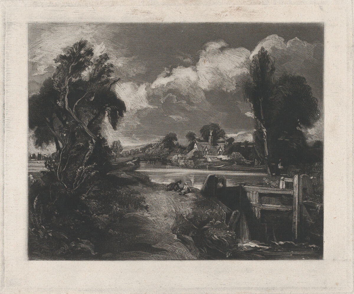 A Lock on the Stour, David Lucas (British, Geddington Chase, Northamptonshire 1802–1881 London), Mezzotint; proof before published state 