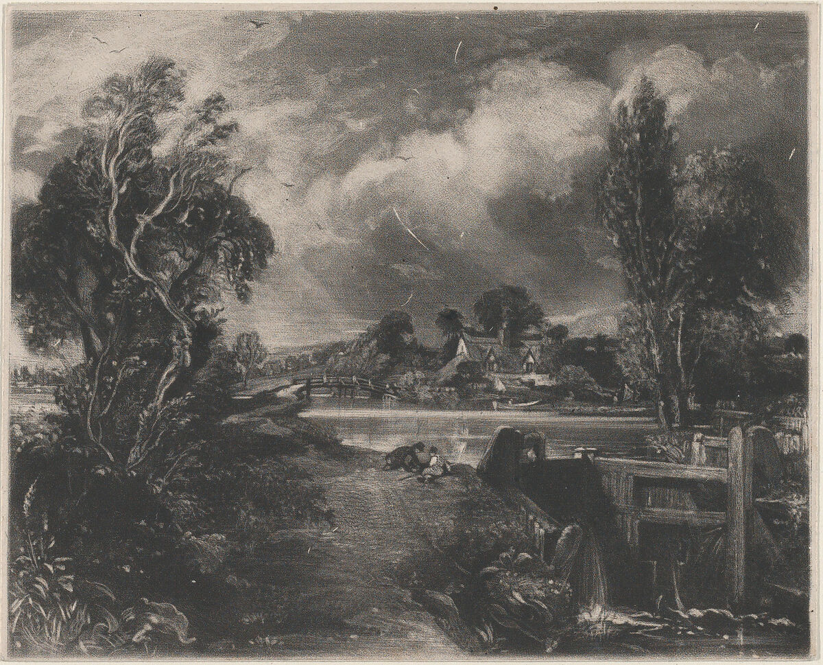 A Lock on the Stour, David Lucas (British, Geddington Chase, Northamptonshire 1802–1881 London), Mezzotint; proof before published state 