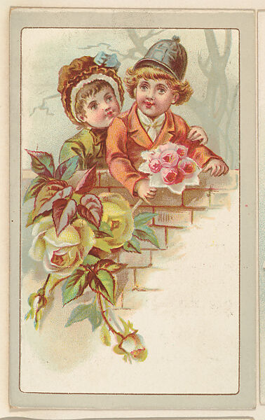 Two children at a brick wall, bakery card from the Picture Cards series (D63), issued by the Vienna Model Bakery, Issued by Vienna Model Bakery, Commercial color lithograph 