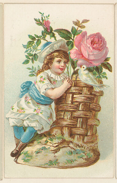 Girl with rose and bird, bakery card from the Picture Cards series (D63), issued by the Vienna Model Bakery, Issued by Vienna Model Bakery, Commercial color lithograph 