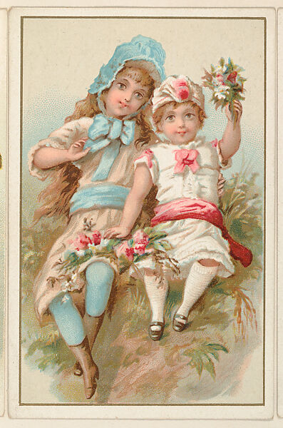Two girls with flowers, bakery card from the Picture Cards series (D63), issued by the Vienna Model Bakery, Issued by Vienna Model Bakery, Commercial color lithograph 