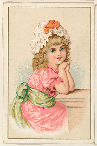 Girl in pink dress with hands clasped, bakery card from the Picture Cards series (D63), issued by the Vienna Model Bakery, Issued by Vienna Model Bakery, Commercial color lithograph 