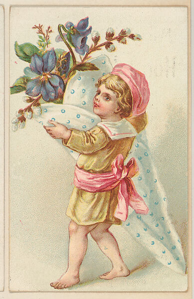 Girl carrying large bouquet of flowers, bakery card from the Picture Cards series (D63), issued by the Vienna Model Bakery, Issued by Vienna Model Bakery, Commercial color lithograph 