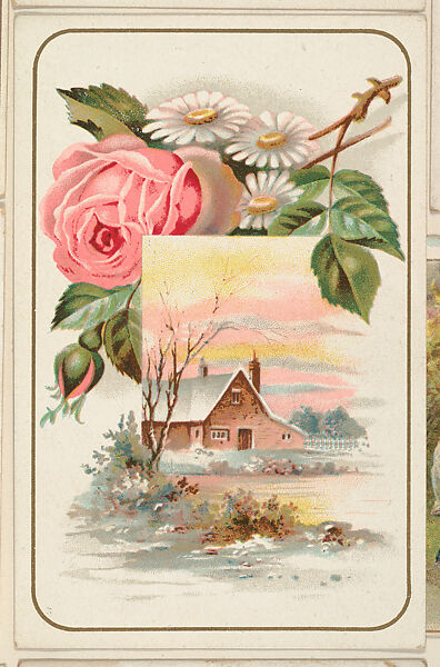 Scenic log cabin scene with roses and dasies, bakery card from the Picture Cards series (D63), issued by the Vienna Model Bakery, Issued by Vienna Model Bakery, Commercial color lithograph 