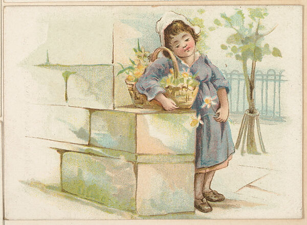 Girl in a blue dress clutching a basket of flowers, bakery card from the Picture Cards series (D63), issued by the Vienna Model Bakery