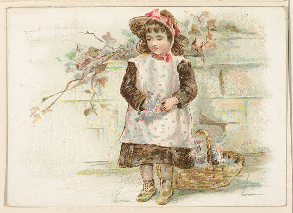 Girl in a brown dress with a basket of flowers, bakery card from the Picture Cards series (D63), issued by the Vienna Model Bakery, Issued by Vienna Model Bakery, Commercial color lithograph 