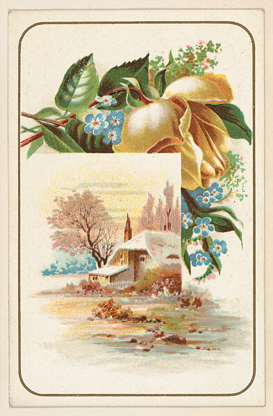 Scenic house with yellow and blue flowers, bakery card from the Picture Cards series (D63), issued by the Vienna Model Bakery, Issued by Vienna Model Bakery, Commercial color lithograph 
