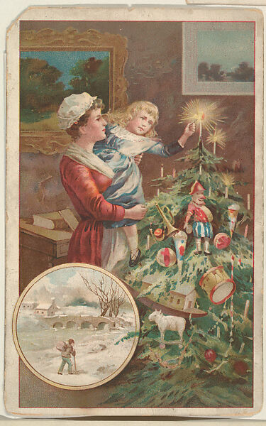 Woman and child with Christmas tree, bakery card from the Picture Cards series (D63), issued by The Heissler & Junge Company, Issued by Welle-Boettler Bakery Company, Commercial color lithograph 