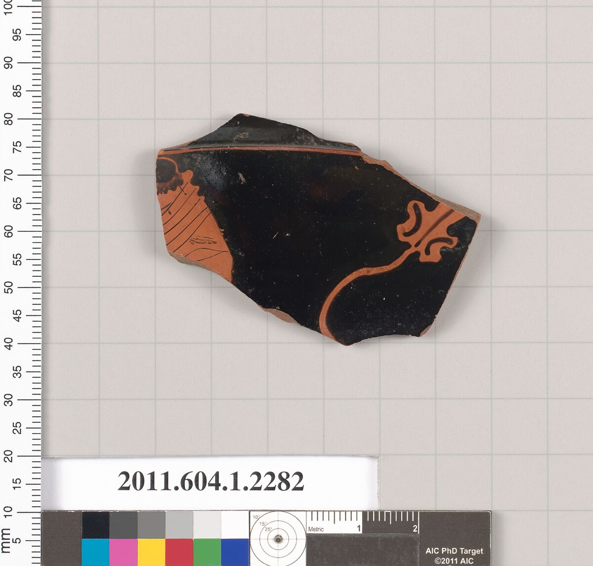 Terracotta fragment of a kylix (drinking cup), Terracotta, Greek, Attic 