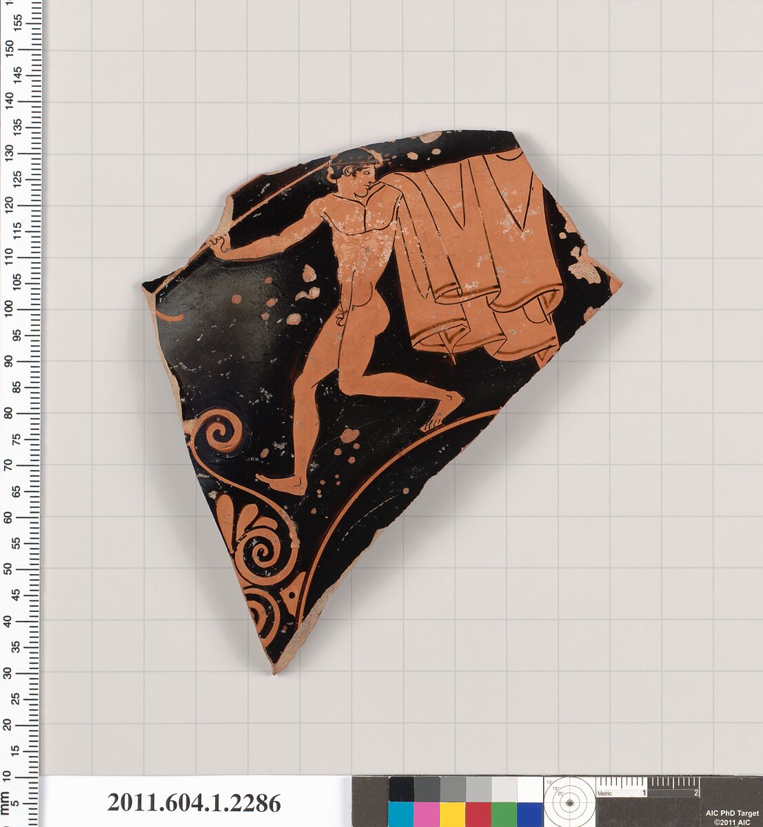 Terracotta fragment of a kylix (drinking cup), Terracotta, Greek, Attic