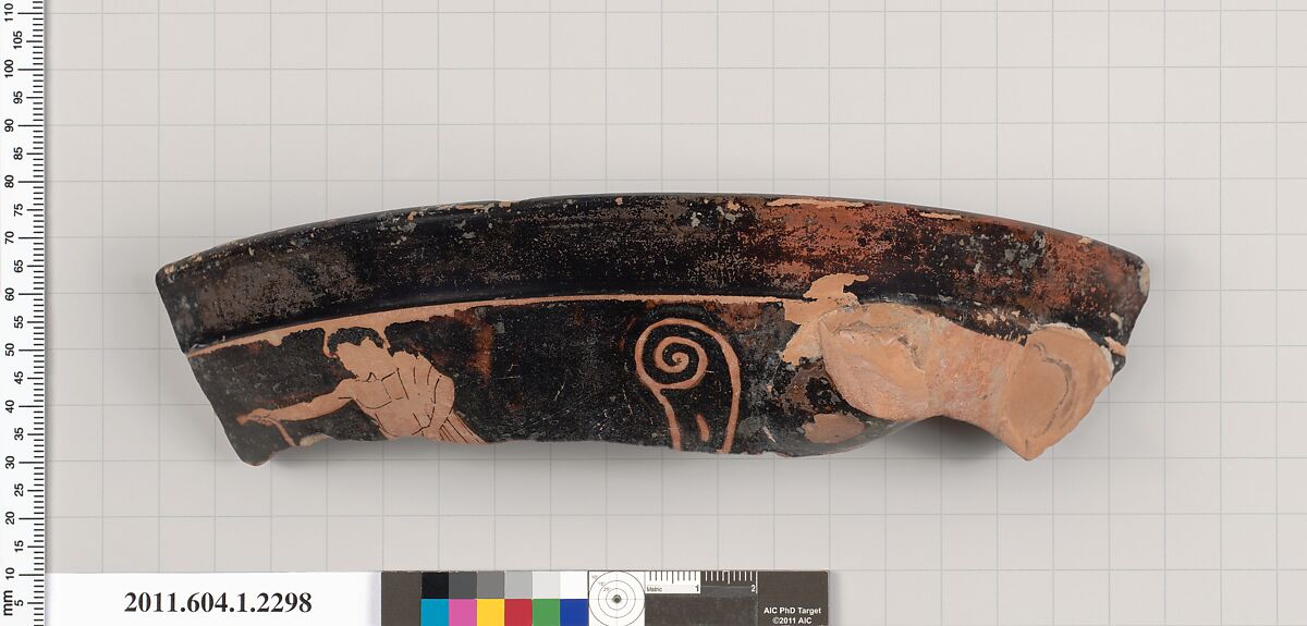 Terracotta fragment of a kylix (drinking cup), Terracotta, Greek, Attic