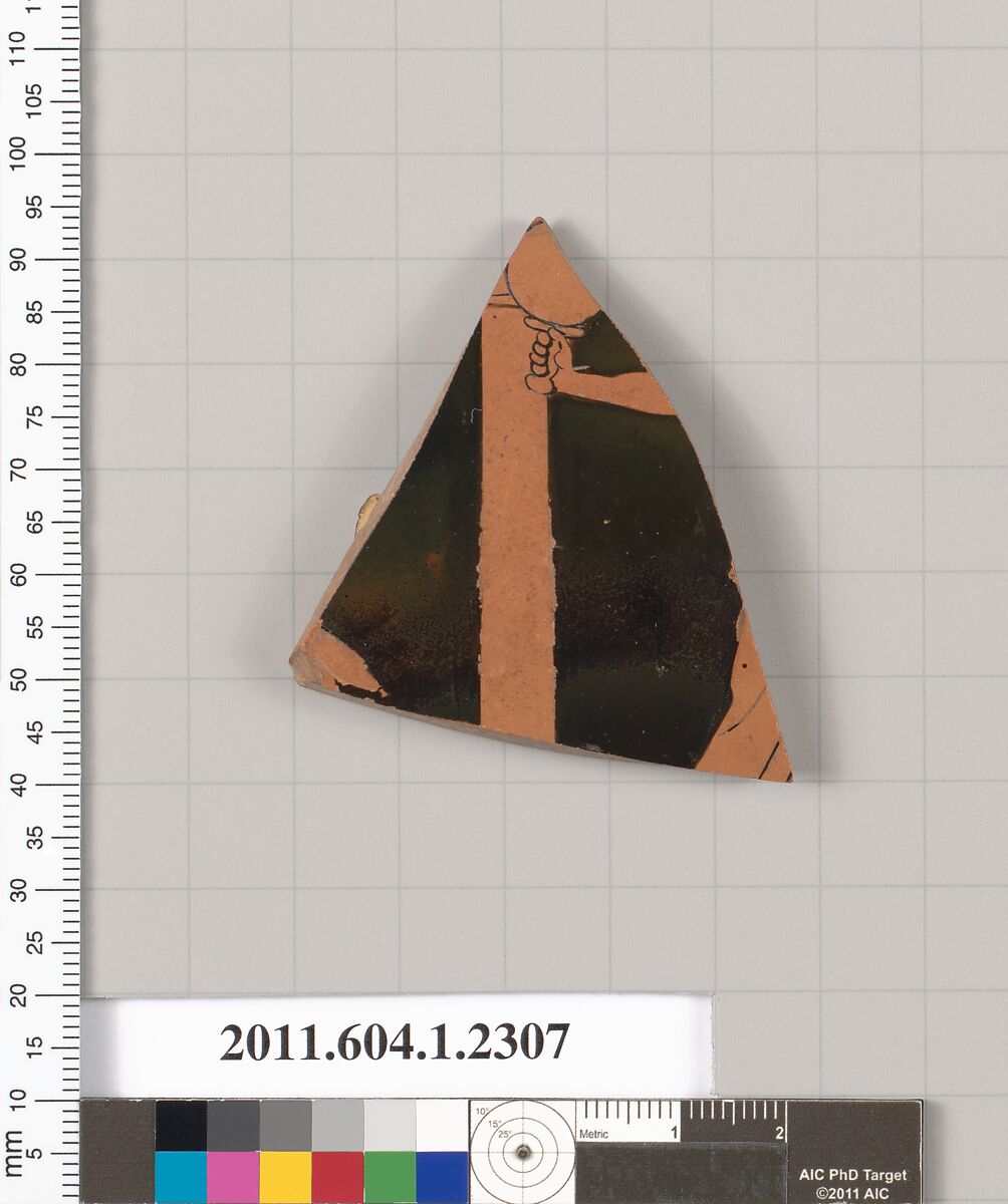 Terracotta fragment of a kylix (drinking cup), Attributed to the Telephos Painter [DvB], Terracotta, Greek, Attic