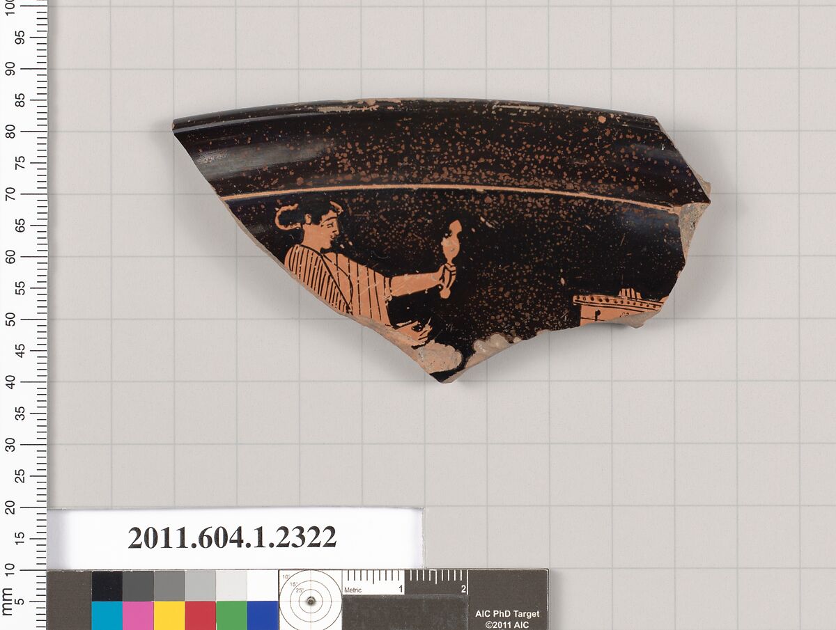 Terracotta rim fragment of a kylix (drinking cup), Attributed to the Carlsruhe Painter [DvB], Terracotta, Greek, Attic 