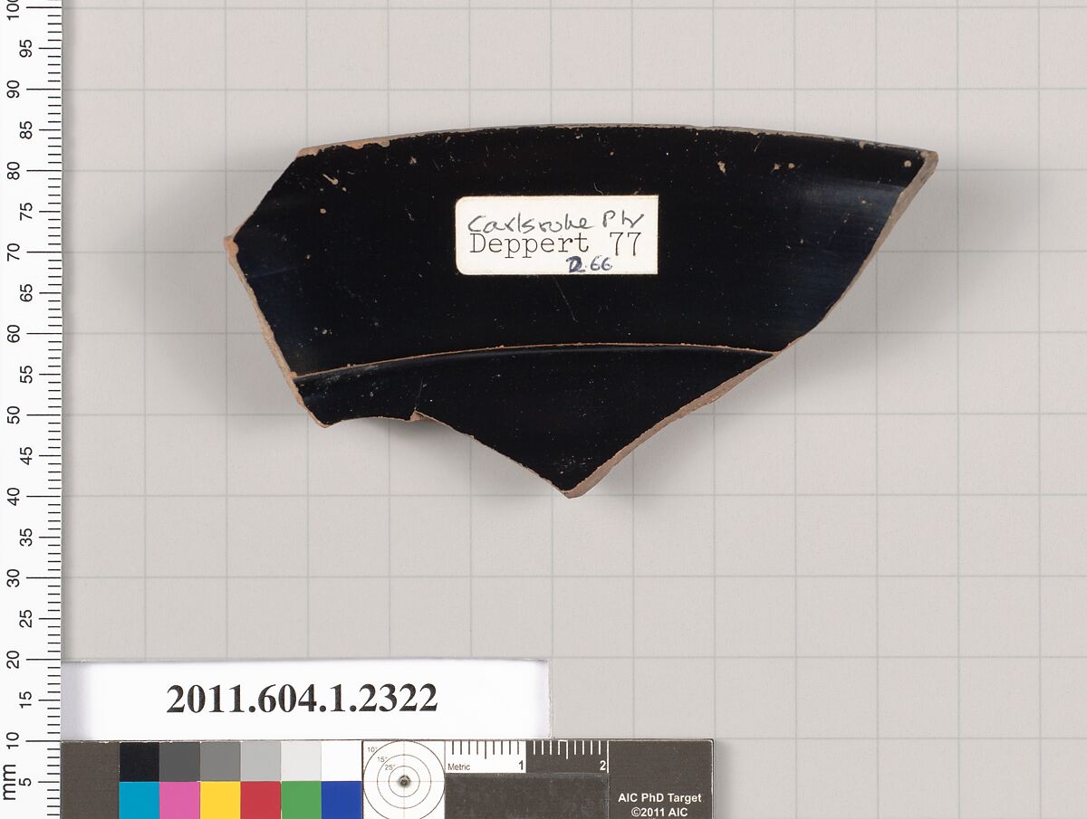 Terracotta rim fragment of a kylix (drinking cup), Attributed to the Carlsruhe Painter [DvB], Terracotta, Greek, Attic