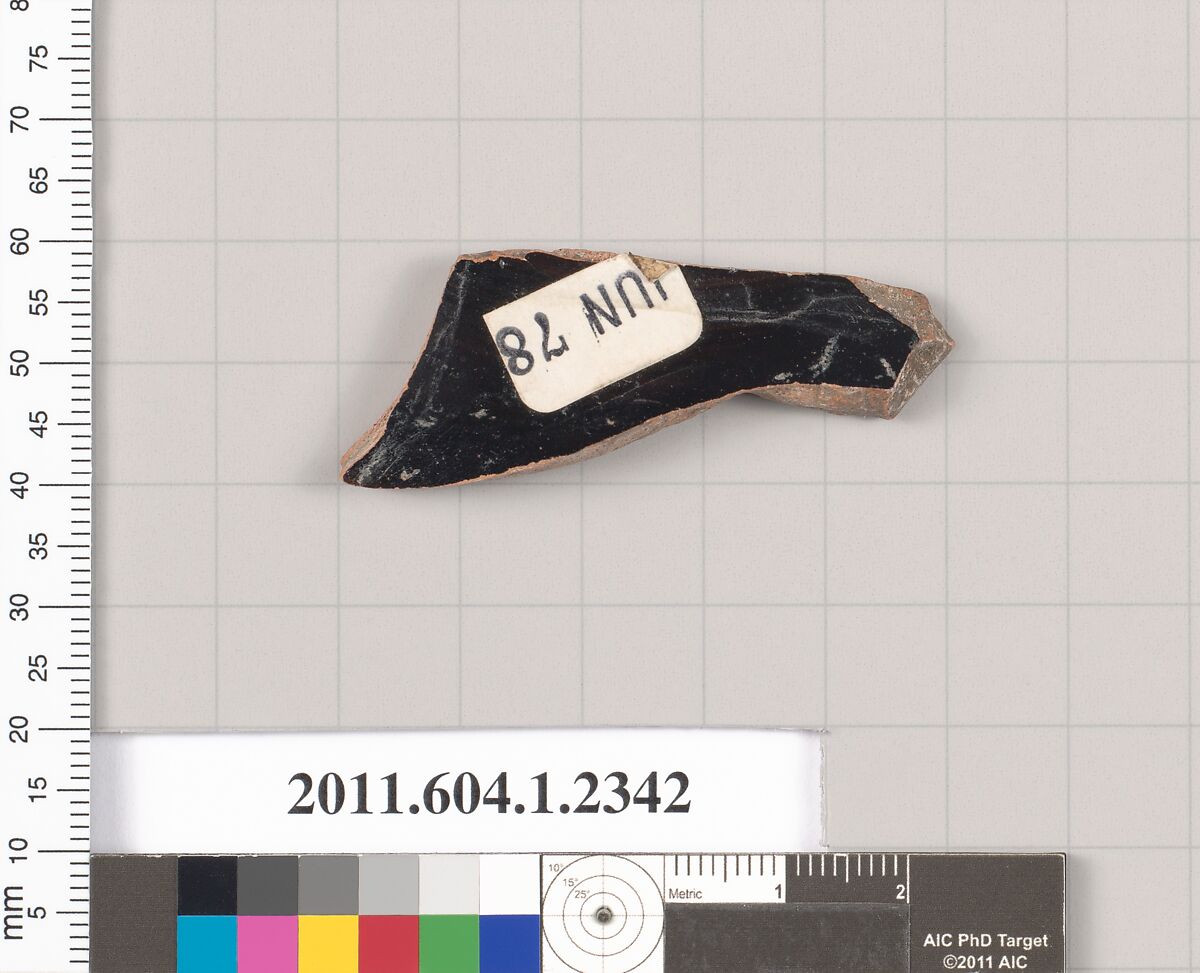 Terracotta fragment of a kylix (drinking cup), Terracotta, Greek, Attic