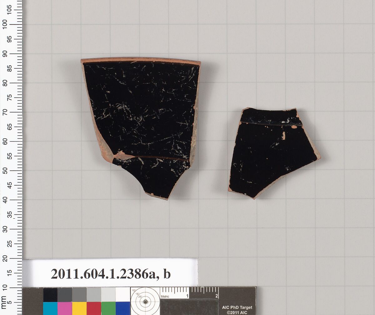 Terracotta fragments of a kylix (drinking cup), Terracotta, Greek, Attic