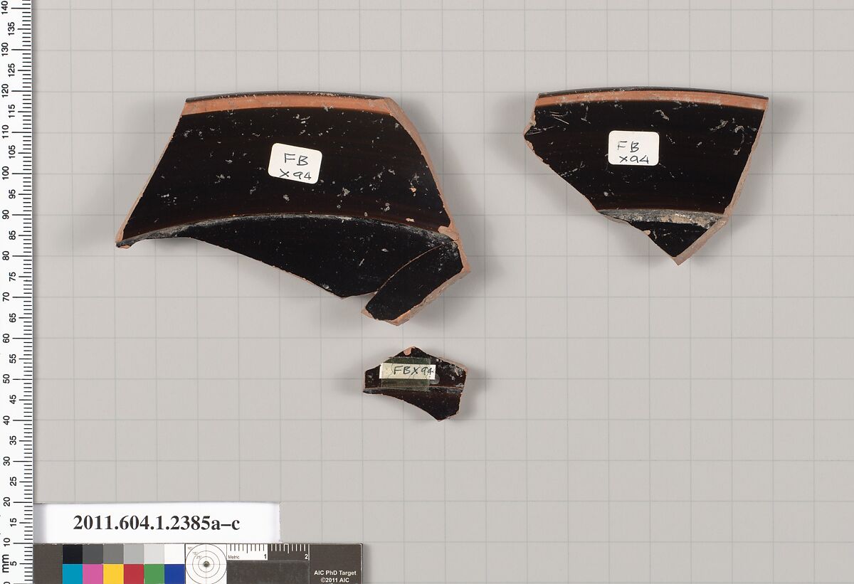 Terracotta fragments of a kylix (drinking cup), Terracotta, Greek, Attic