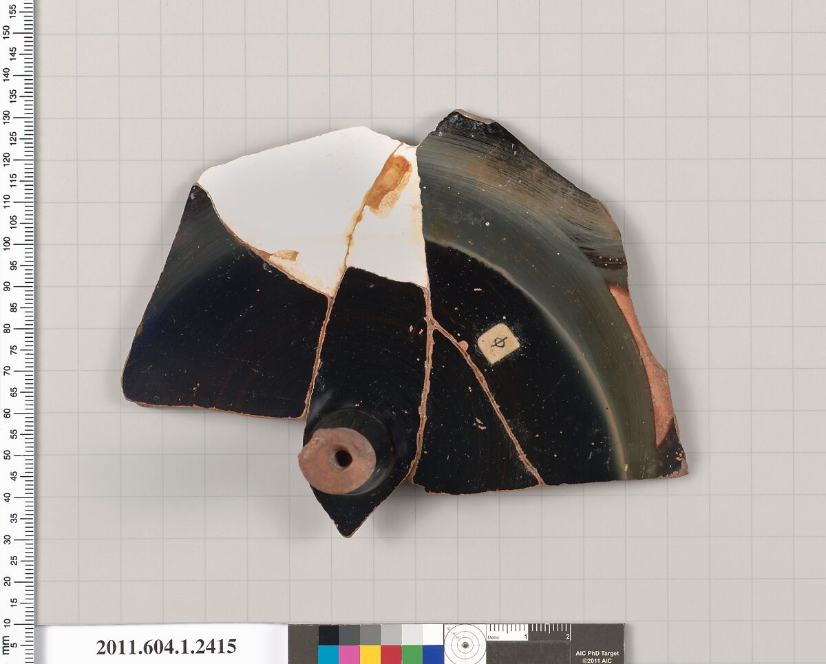 Terracotta fragment of a kylix (drinking cup), Terracotta, Greek, Attic