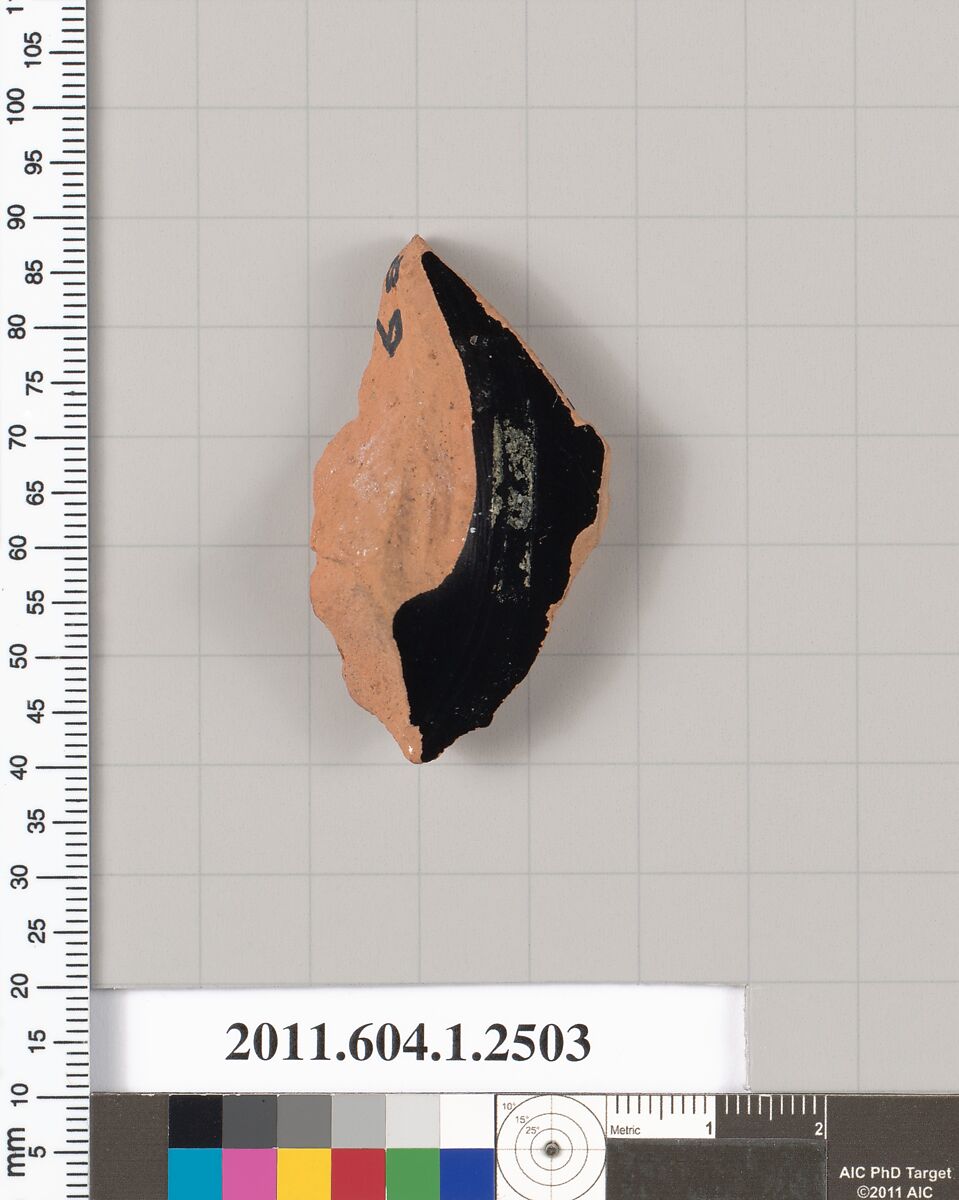 Terracotta fragment of a kylix (drinking cup), Terracotta, Greek, Attic