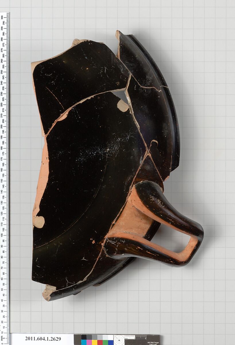 Terracotta fragment of a kylix (drinking cup), Terracotta, Greek, Attic