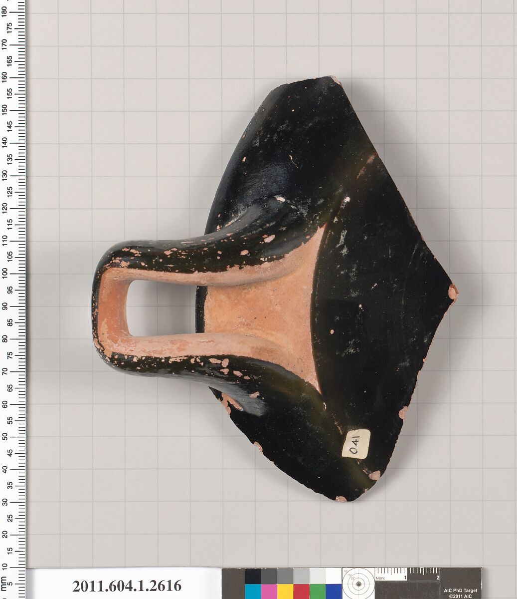 Terracotta fragment of a kylix (drinking cup), Terracotta, Greek, Attic
