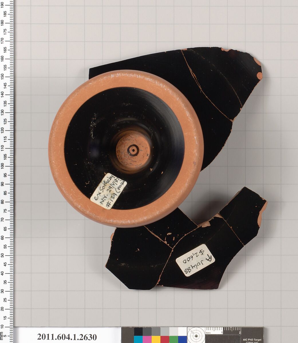 Terracotta fragment of a kylix (drinking cup), Terracotta, Greek, Attic