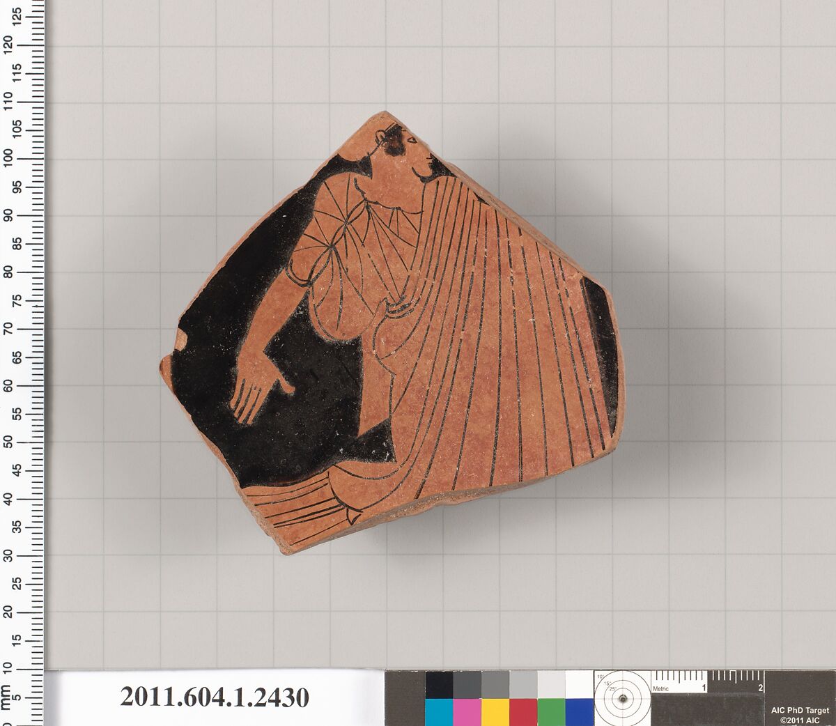 Terracotta fragment of a kylix (drinking cup), Attributed to the Painter of Munich 2676 [DvB], Terracotta, Greek, Attic 