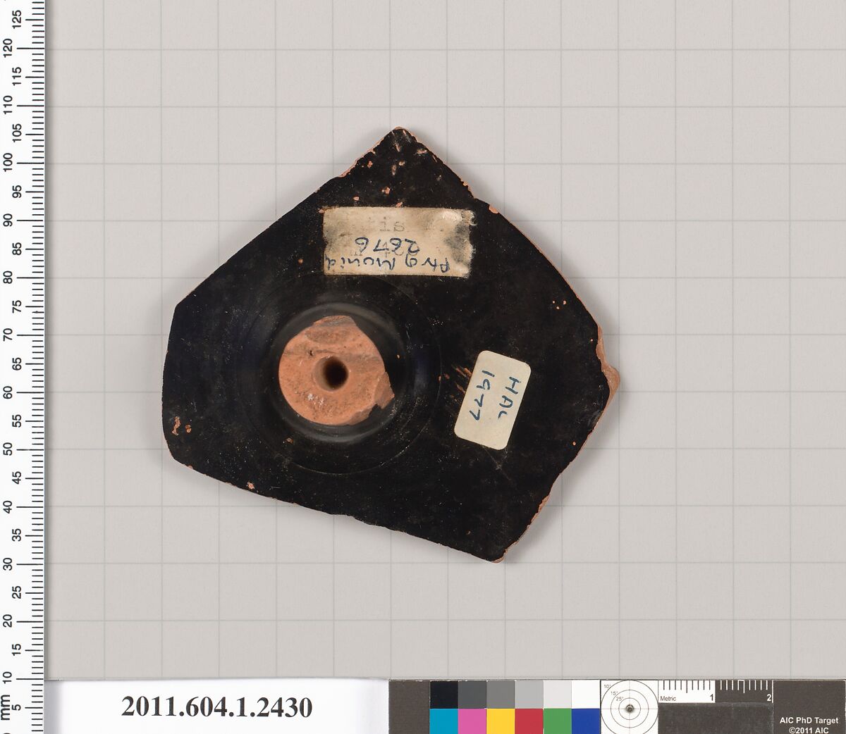 Terracotta fragment of a kylix (drinking cup), Attributed to the Painter of Munich 2676 [DvB], Terracotta, Greek, Attic