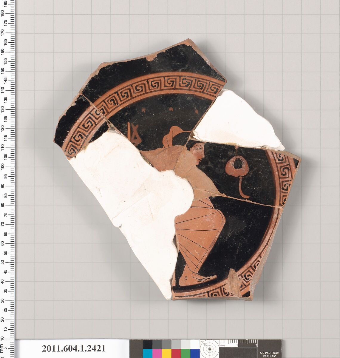 Terracotta fragment of a kylix (drinking cup), Attributed to the Tarquinia Painter [DvB], Terracotta, Greek, Attic 