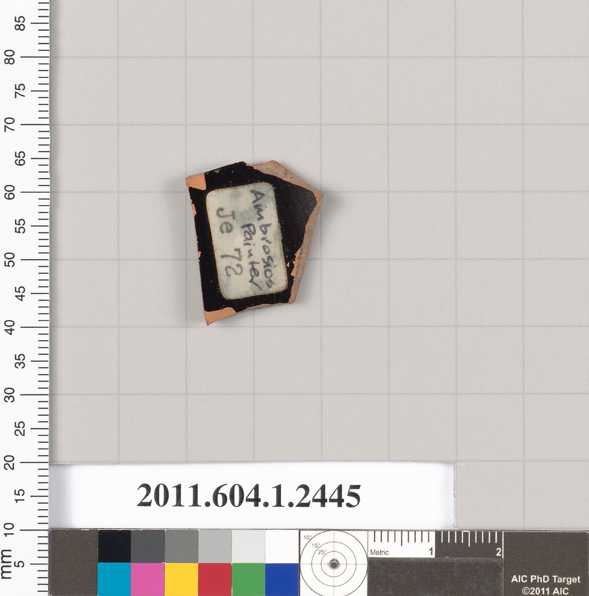 Terracotta fragment of a kylix (drinking cup), Attributed to the Ambrosios Painter [DvB], Terracotta, Greek, Attic