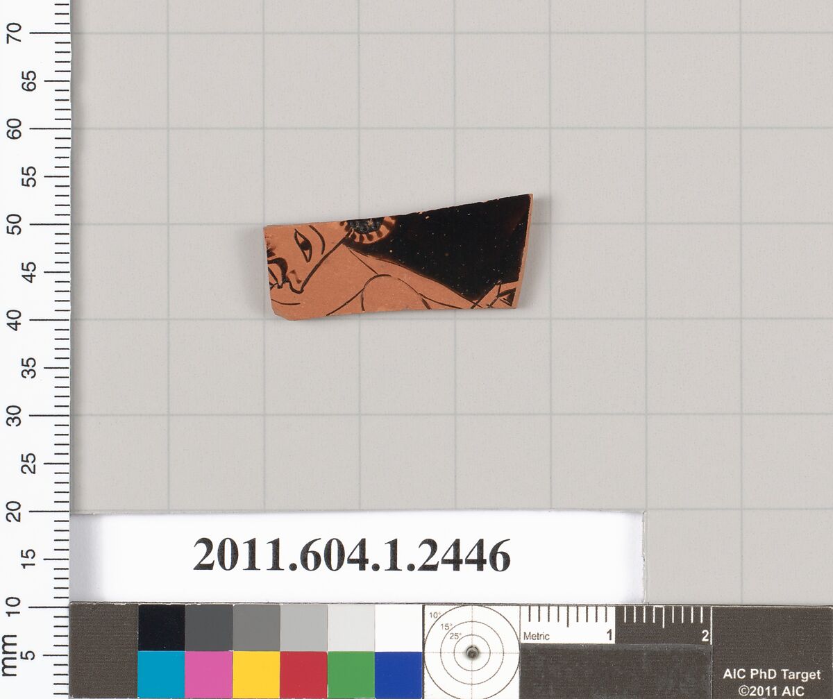 Terracotta fragment of a kylix (drinking cup), Attributed to the Ambrosios Painter [DvB], Terracotta, Greek, Attic 