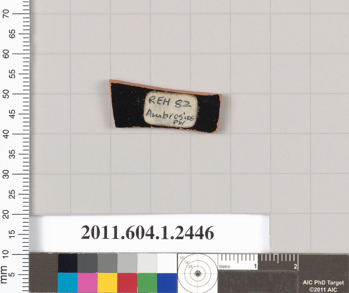 Terracotta fragment of a kylix (drinking cup), Attributed to the Ambrosios Painter [DvB], Terracotta, Greek, Attic