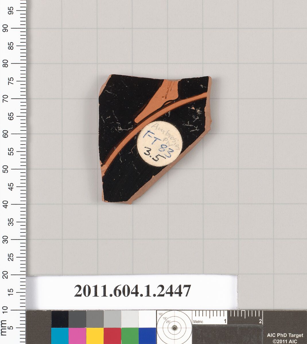 Terracotta fragment of a kylix (drinking cup), Attributed to the Ambrosios Painter [DvB], Terracotta, Greek, Attic